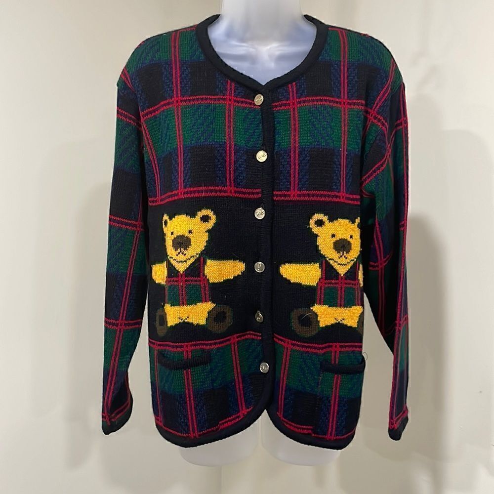 NWOT VTG Tally Ho Plaid Bear Cardigan Sweater.  Size L large 12/14